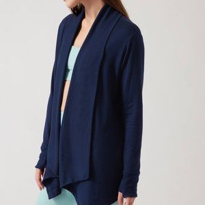Athleta Pranayama Restore Wrap MEDIUM Navy Blue Long Cardigan Sweater Open Front